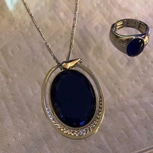Silver necklace with Big Blue stone ring also same